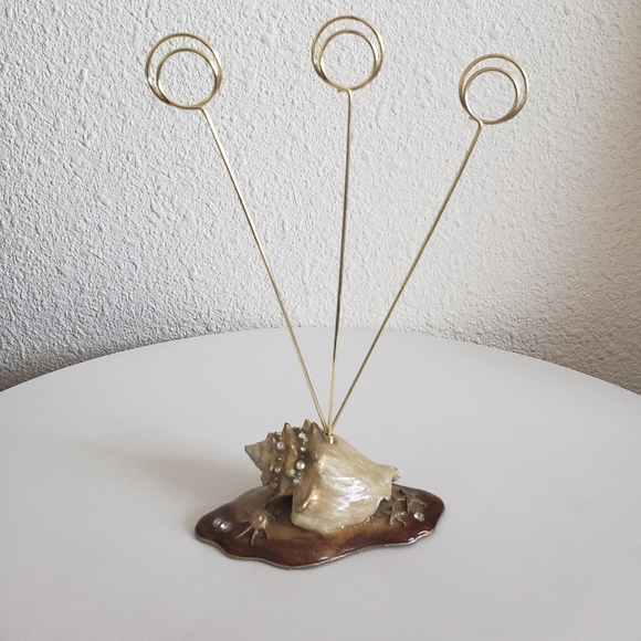 #Seashell Enamel Rhinestone Photo Card Holder Gold Tone Wire Ring - Picture 15 of 15